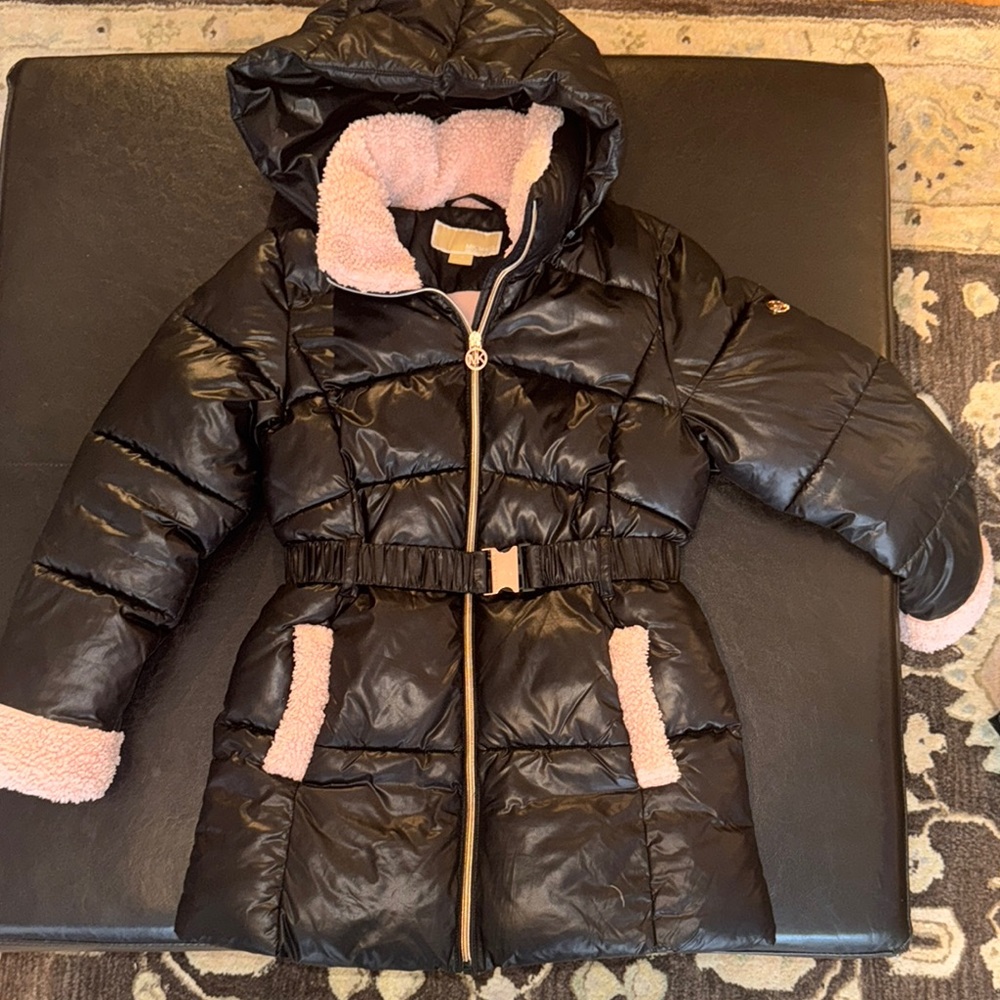Stylish Black Puffer Coat with Pink Accents